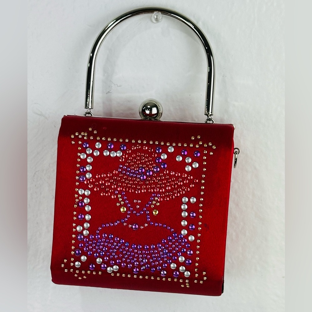 Source Unknown Red Rhinestone Embellished Evening Clutch with Silver Handle - Picture 2 of 8